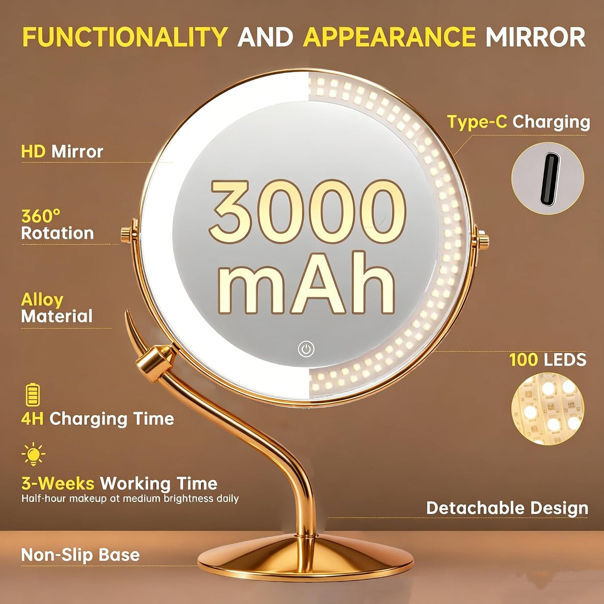 9" 1X/10X Magnifying Vanity Mirror with Light, Rechargeable Makeup Mirror