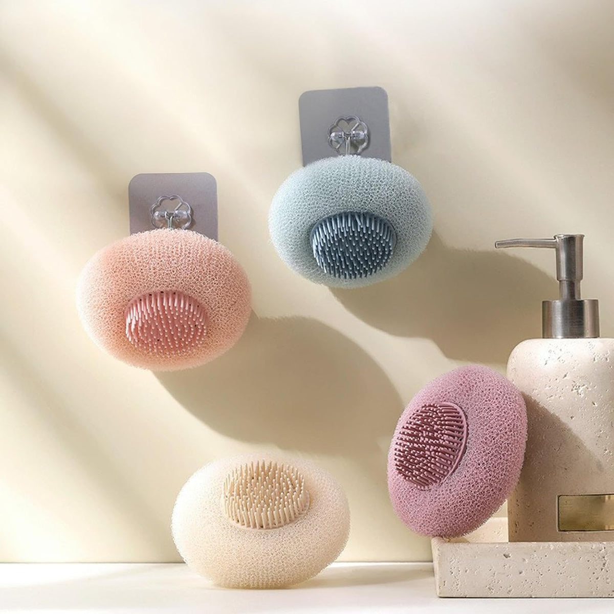 Super Soft Sunflower Suction Cup Bath Ball, 2026 New Exfoliating Bath Bath Sponge Cleaning Brush with Finger Rings for Women and Men (Begie, 4 pcs) (Set)