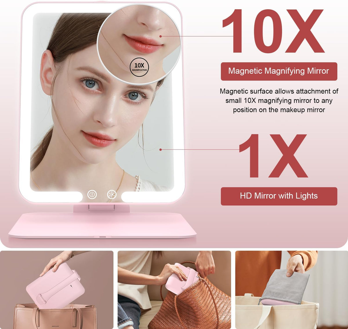 Gospire Travel Makeup Mirror with Lights and Magnification 10X, Pink