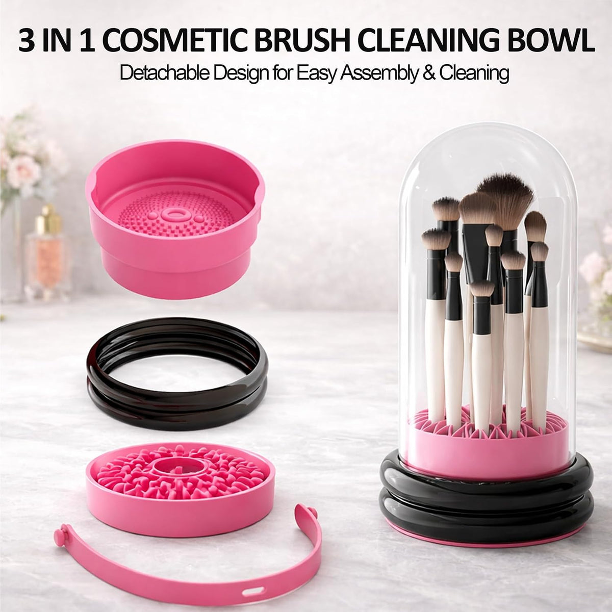Makeup Brush Holder Cleaner, 3 in 1 Silicone Makeup Brush Cleaning Bowl with Drying Rack, Detachable Brush Organizer for Brushes, Sponges & Puffs, Black and Pink