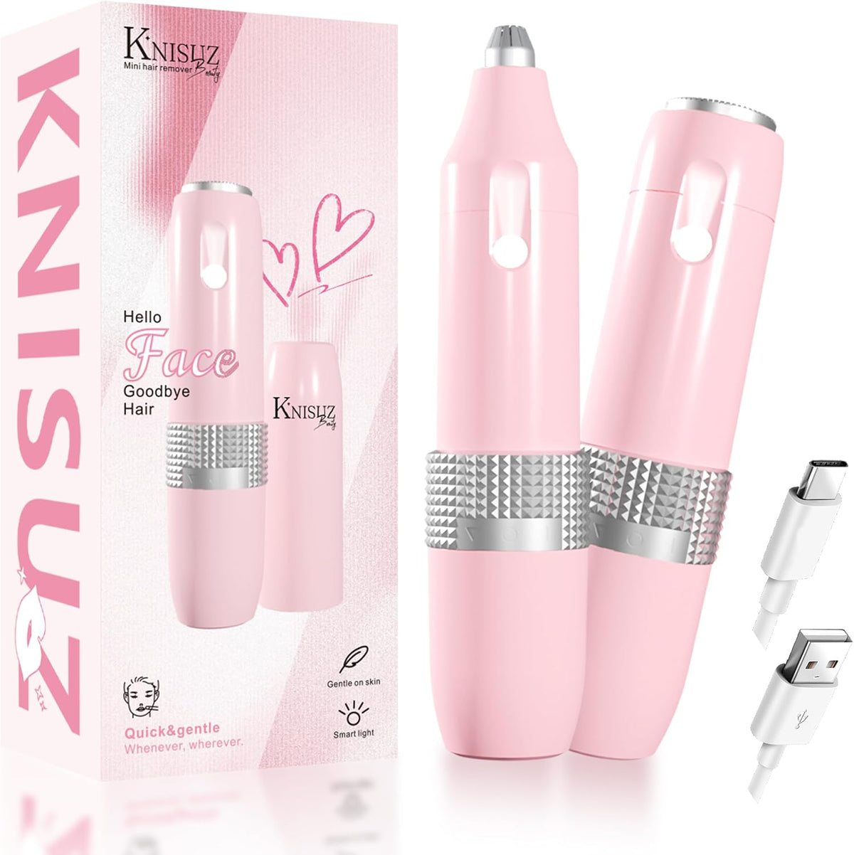Facial Hair Removal for Women,2 in1 Rechargeable Facial Hair Removal & Eyebrow Trimmer - Body Razor with Built-in LED Light,Portable for Travel(Pink)