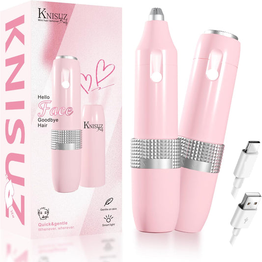 Facial Hair Removal for Women,2 in1 Rechargeable Facial Hair Removal & Eyebrow Trimmer - Body Razor with Built-in LED Light,Portable for Travel(Pink)