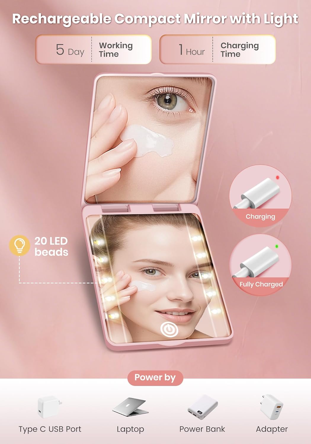 Compact Mirror, Rechargeable Magnifying Makeup Mirror with Light 30X Pink