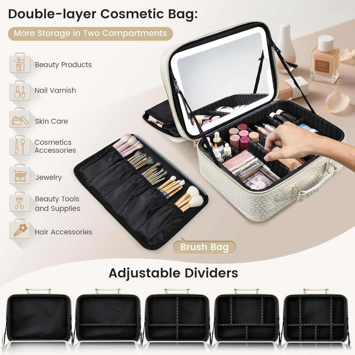 Faquenc Makeup Bag with LED Lighted Mirror 12.2 IN Cosmetic Train Case Double Layer Makeup Case Adjustable Brightness in 3 Colors Cosmetic Organizer Artist Storage with Brush Holder Vanity Beige