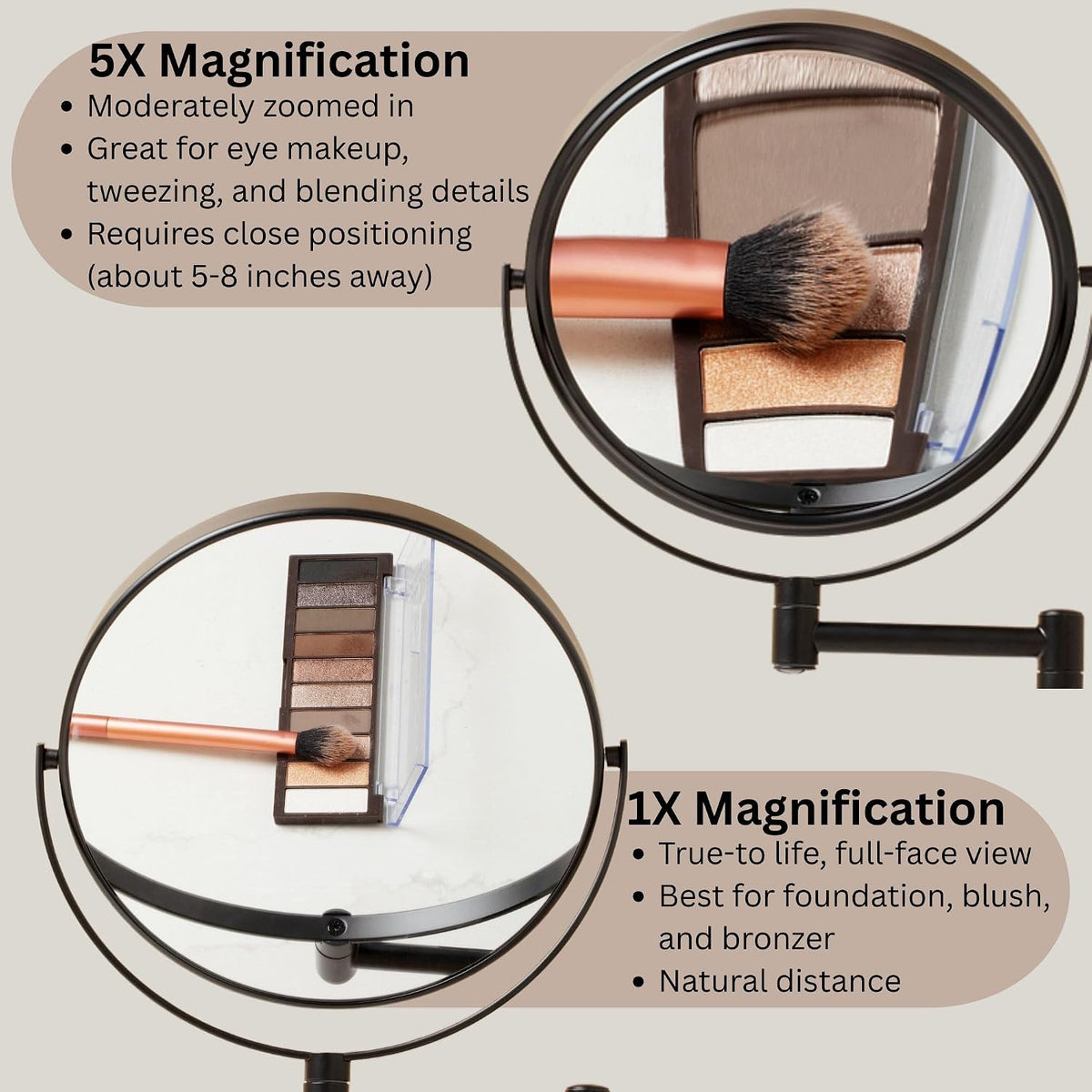 JERDON Wall-Mounted Makeup Mirror - 5X Magnification - Black - JP7506BK