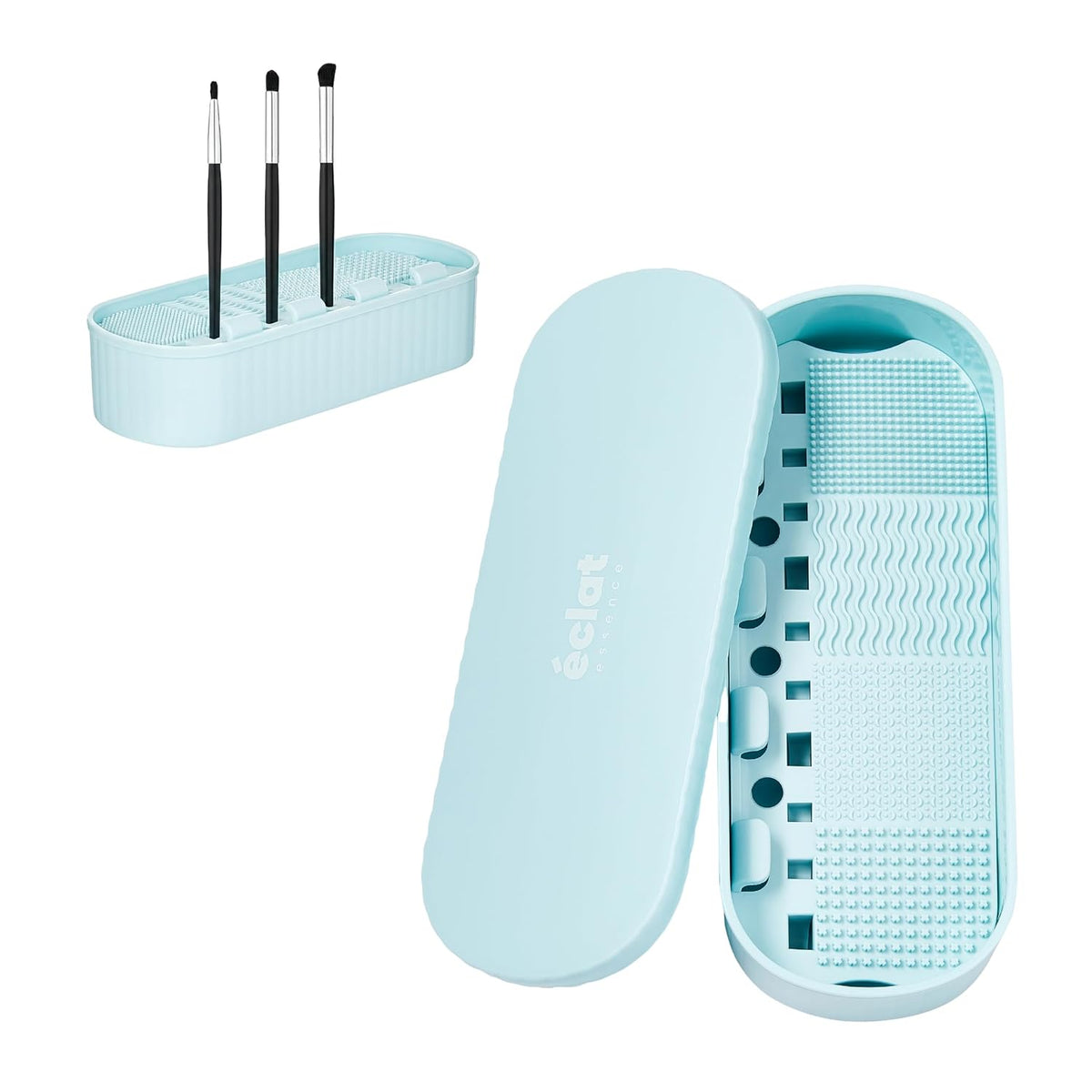 ÉCLAT Makeup Brush Cleaner Mat, 3 in 1 Brush Cleaner Bowl Holder & Cosmetic Tool Organizer Case for Travel, Storage & Air Drying, Portable Make Up Cleaning Tool for Sponges & Powder Puffs (Blue)