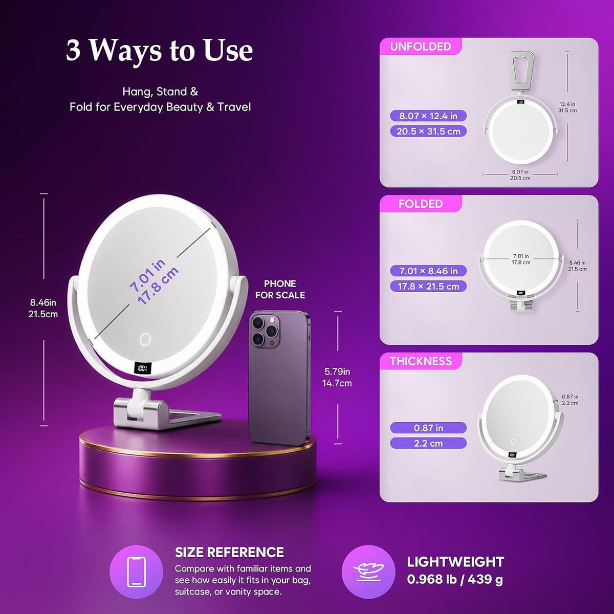 1X/30X Makeup Mirror with Lights, Rechargeable Magnifying Mirror
