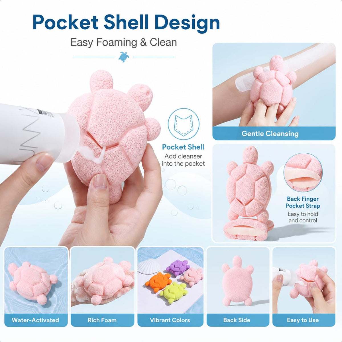 Cute Turtle Facial Sponge, Soft Reusable Face Scrubber Exfoliator, Gentle Makeup Remover & Daily Cleansing Sponge, Ideal for Sensitive Skin (4, MultiColor)