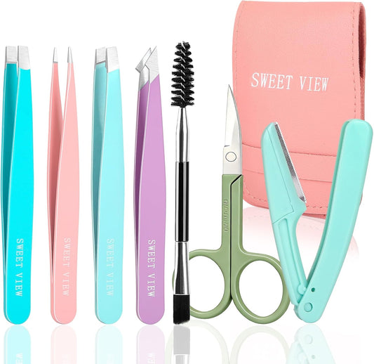SWEET VIEW 7PCS Tweezers Kit for Women Facial Hair & Brow
