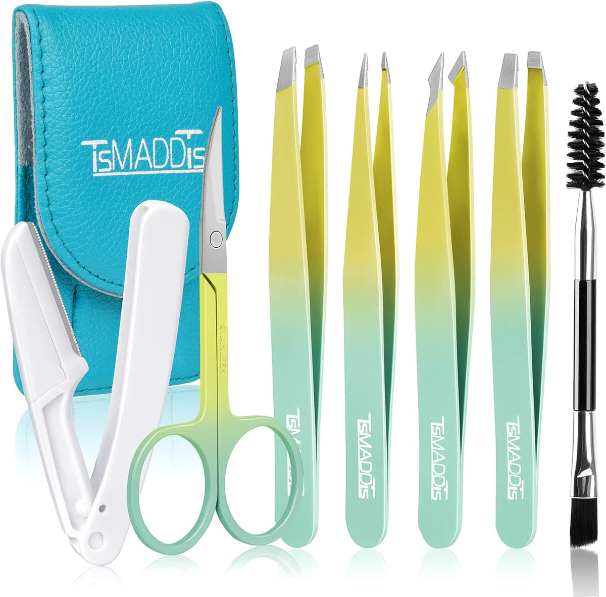 TsMADDTs 7 pcs Tweezers for Women Facial Hair, Precision Tweezer Set for Eyebrows with Curved Scissor and Eyebrow Razor for Ingrown Hair