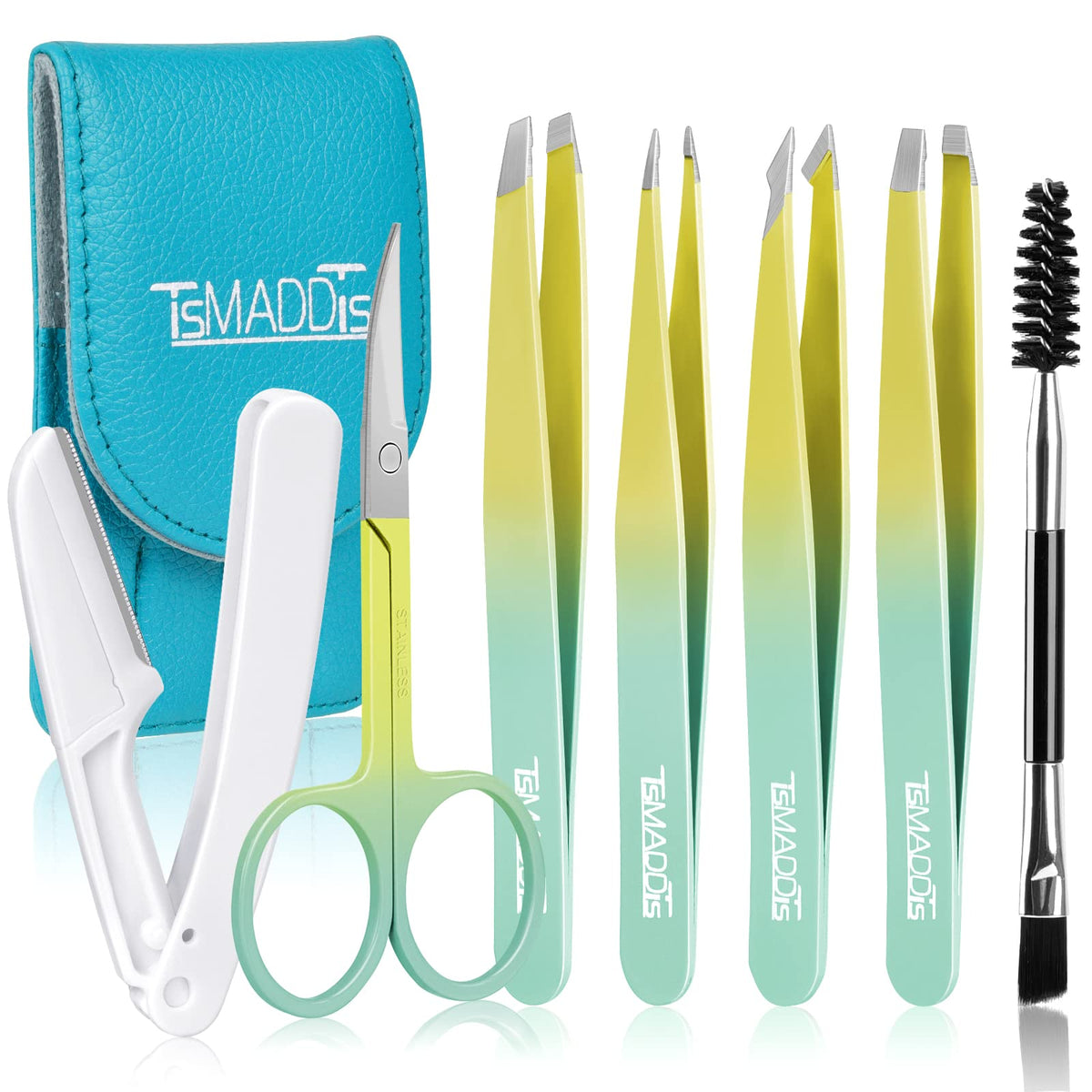 TsMADDTs 7 pcs Tweezers for Women Facial Hair, Precision Tweezer Set for Eyebrows with Curved Scissor and Eyebrow Razor for Ingrown Hair