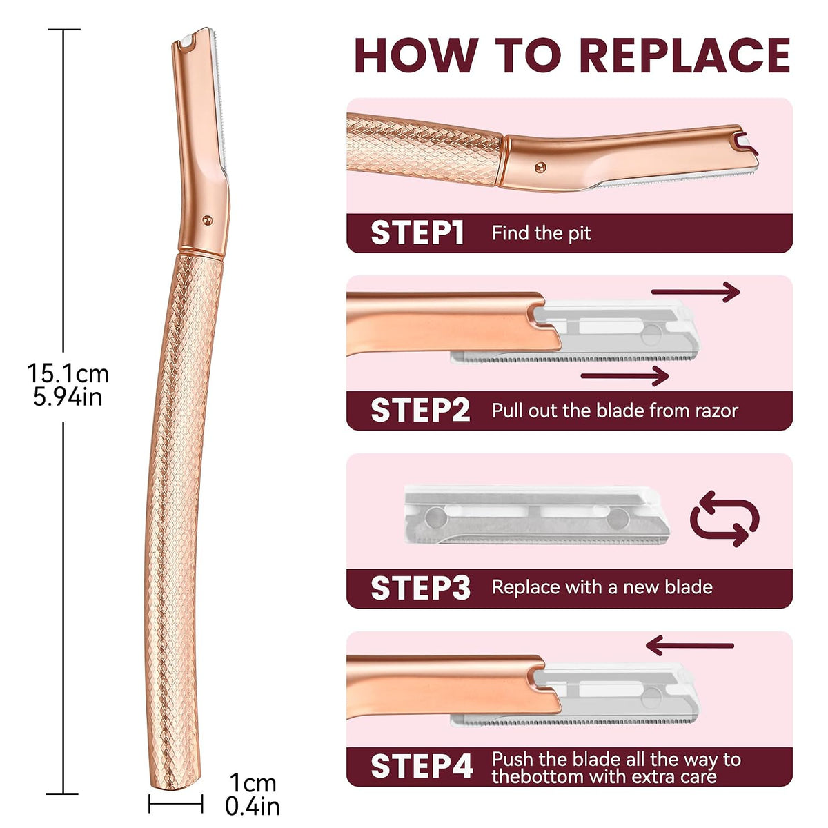 Eyebrow Razor, Dermaplane Razor for Women Face, 12 Refill Blades, Rose Gold