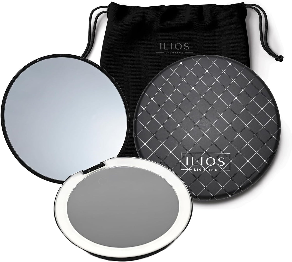Ilios Lighting LED Compact Mirror with Light — 1x & 10x Magnification, 30-Day Battery, USB-C Rechargeable, 5-Inch Foldable Travel Makeup Mirror with Case (Black)