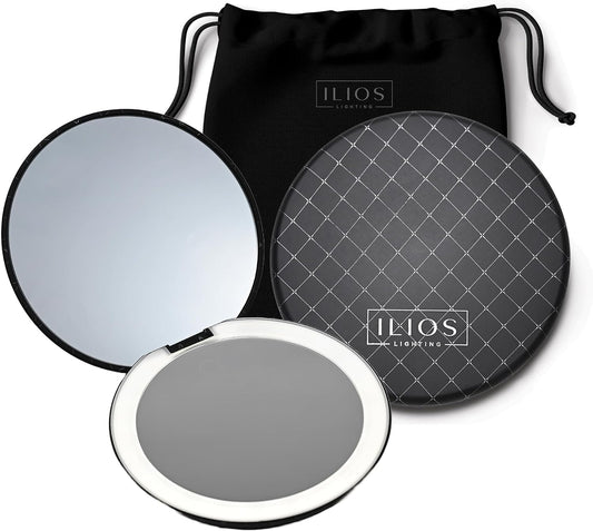 Ilios Lighting LED Compact Mirror with Light — 1x & 10x Magnification, 30-Day Battery, USB-C Rechargeable, 5-Inch Foldable Travel Makeup Mirror with Case (Black)