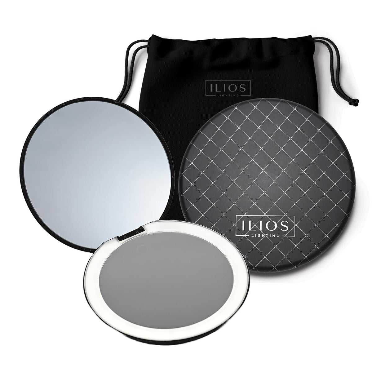 Ilios Lighting LED Compact Mirror with Light — 1x & 10x Magnification, 30-Day Battery, USB-C Rechargeable, 5-Inch Foldable Travel Makeup Mirror with Case (Black)