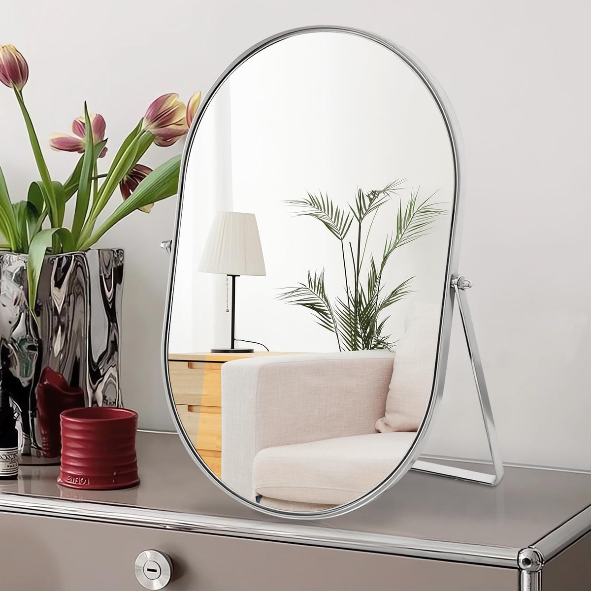 Vanity Desk Table Mirror Oval Makeup Mirror 90°Adjustable Rotation Golden Metal Framed Standing Mirrors Room Decor for Living Room,Bedroom,Tabletop,Bathroom