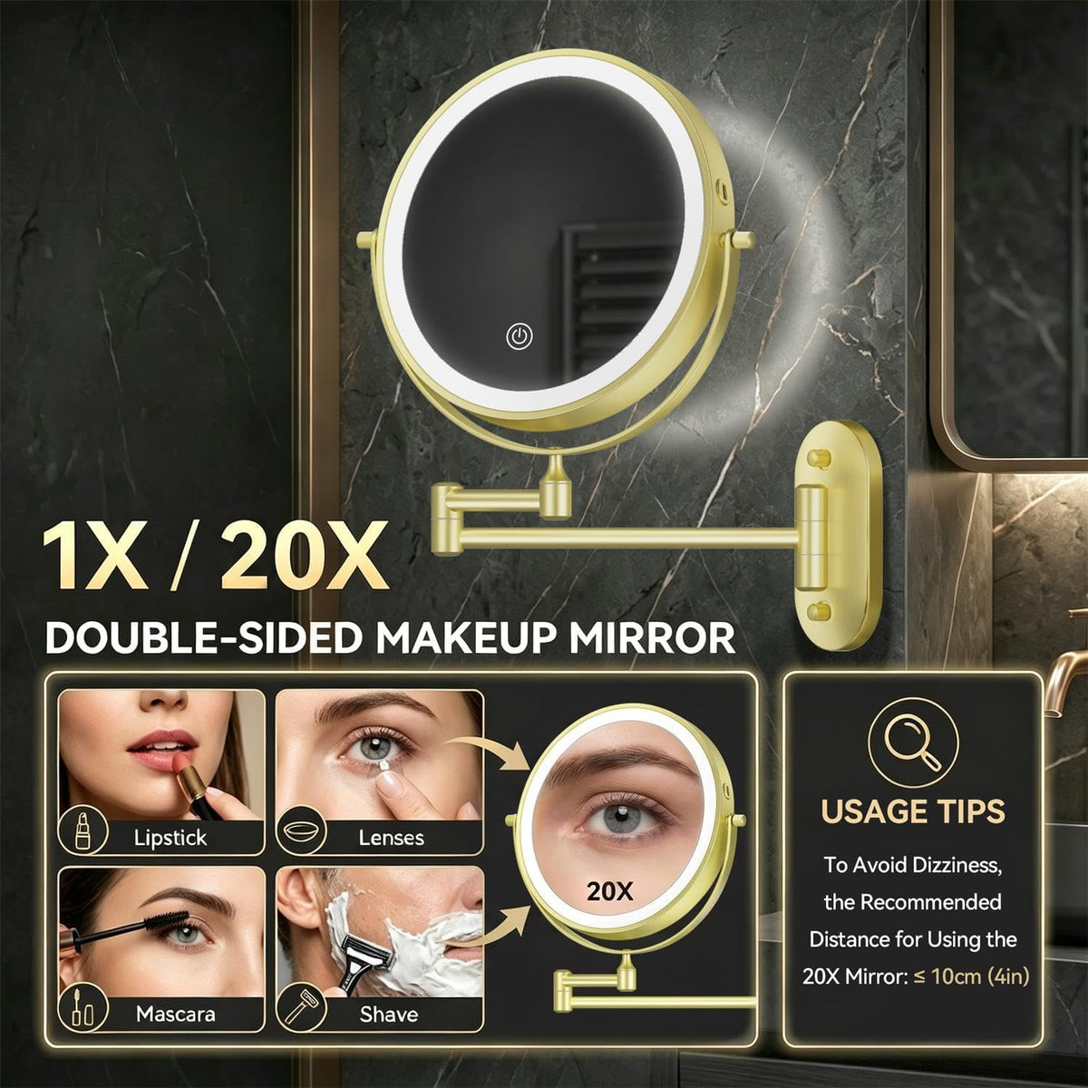 Auxmir 1X/20X Wall Mounted Makeup Mirror, 8" Rechargeable Magnifying Mirror