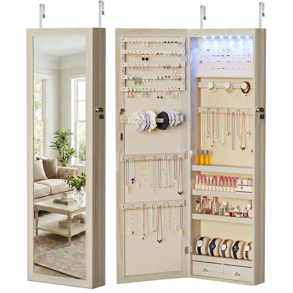 DUMOS 6 LEDs Mirror Jewelry Organizer Cabinet, Jewelry Armoire, 47.2 Inch