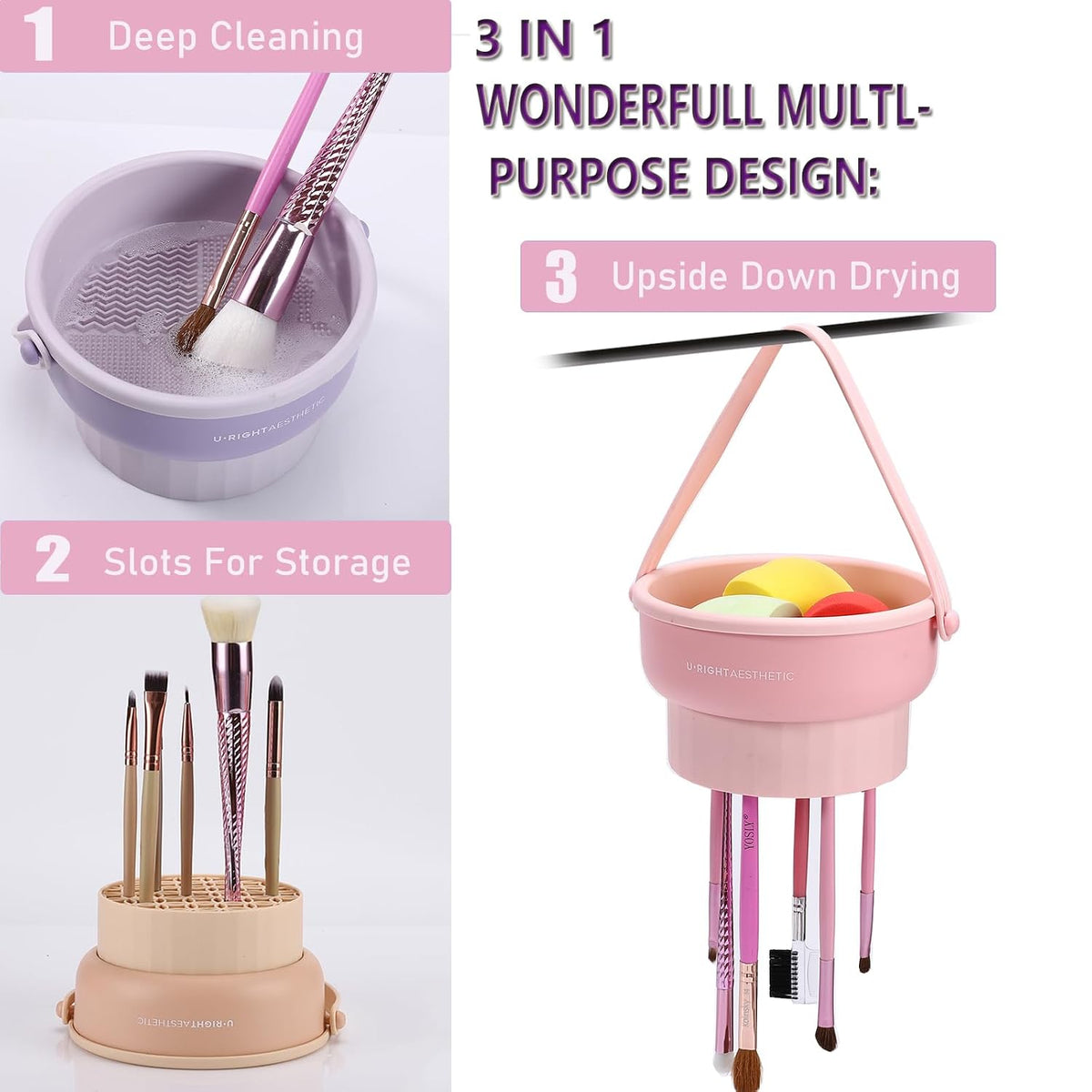 Makeup Brush Cleaner Mat 3 in 1 Make Up Brush Cleaning Bowl(Purple)