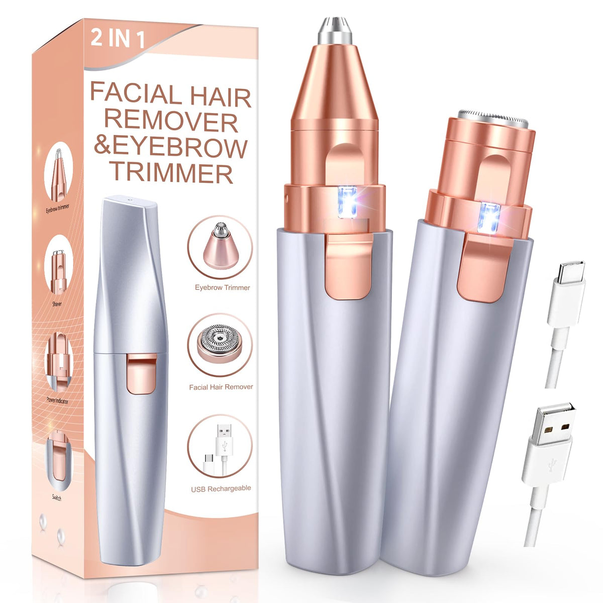 Eyebrow Trimmer Facial Hair Removal for Women: 2 in 1 Rechargeable Face Shaver with LED Light, Painless Electric Eyebrow Razor for Eyebrows, Upper Lip, Chin, Peach Fuzz & Fine Facial Hair