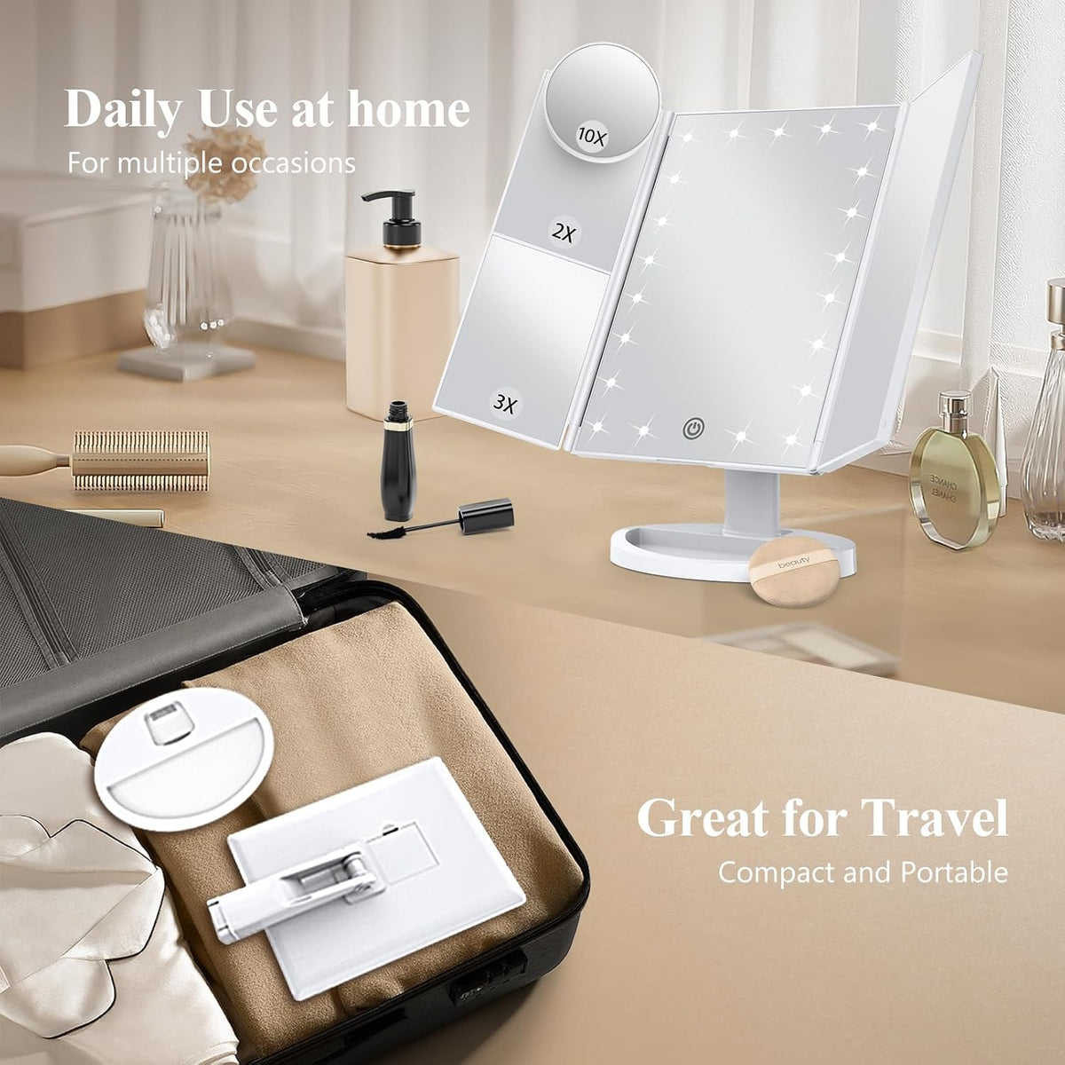 HUONUL 2X/3X/10X Magnifying Vanity Mirror with Light, Trifold Makeup Mirror