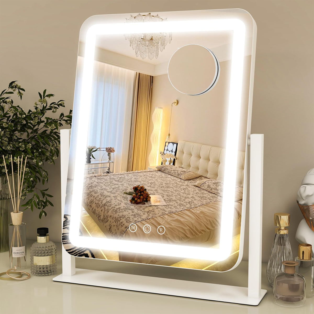 ROLOVE Lighted Makeup Mirror 16.3"x12.6", Hollywood Vanity Mirror with 10X Magnifier, 3 Color LED Lighting Modes, Smart Touch Control & 360° Rotation, Tabletop Makeup Mirror (White, Gift Ready)