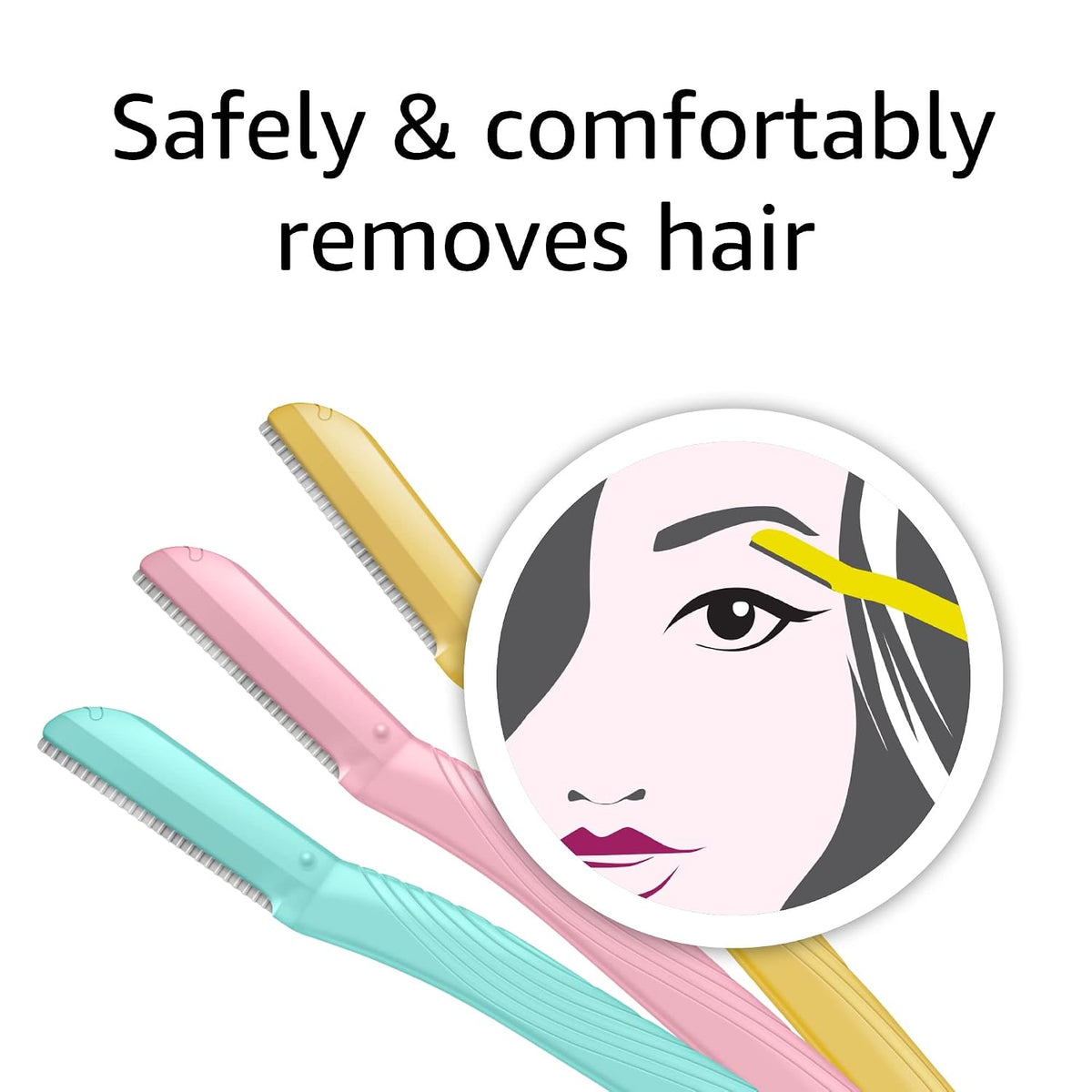 Amazon Basics Women's Dermaplaning Tool, Peach Fuzz Remover, Facial Hair Removal, Exfoliating Face Razor with Microguard Blade for Safe Eyebrow Shaping, Includes Blade Cover, Multicolor, 3 Count