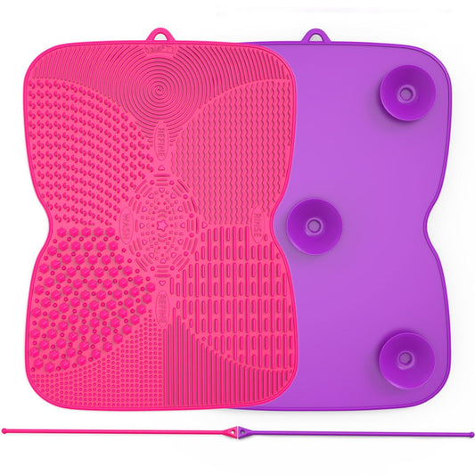 2 Pack Silicone Makeup Brush Cleaner Pad with Suction Cup, 8 Textures, Stable, YalsFTY Makeup Brush Cleaning Mat with Suction Cup (Rose and Purple)