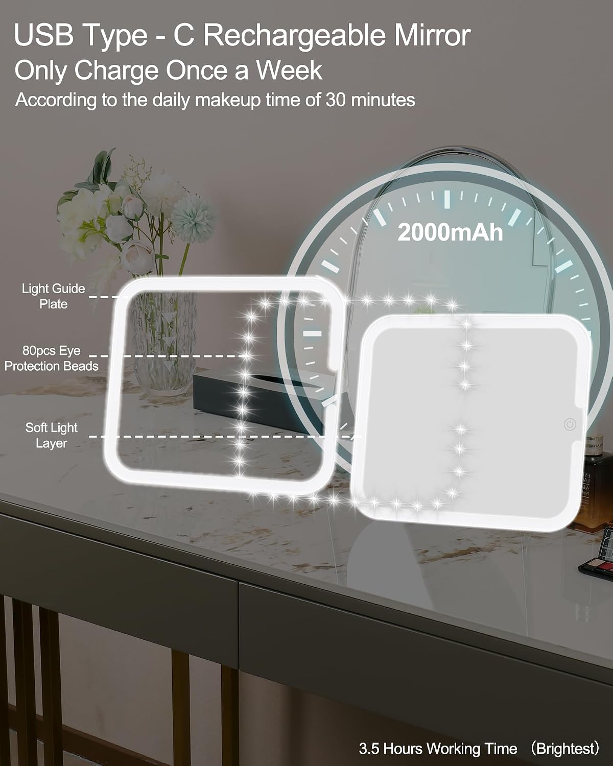 Relavel Makeup Mirror with Lights, LED Replacement for Makeup Bag, 3 Color Lights, Brightness Adjustable, 8.3 x 5.1 Inches