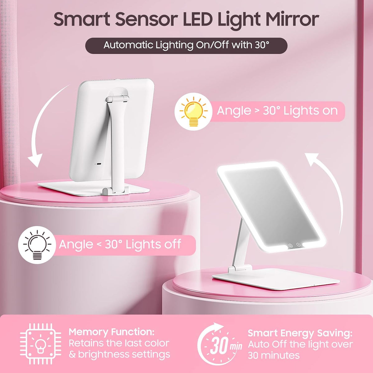 Benbilry Foldable Travel Makeup Mirror with Lights & 20X Magnifying, White