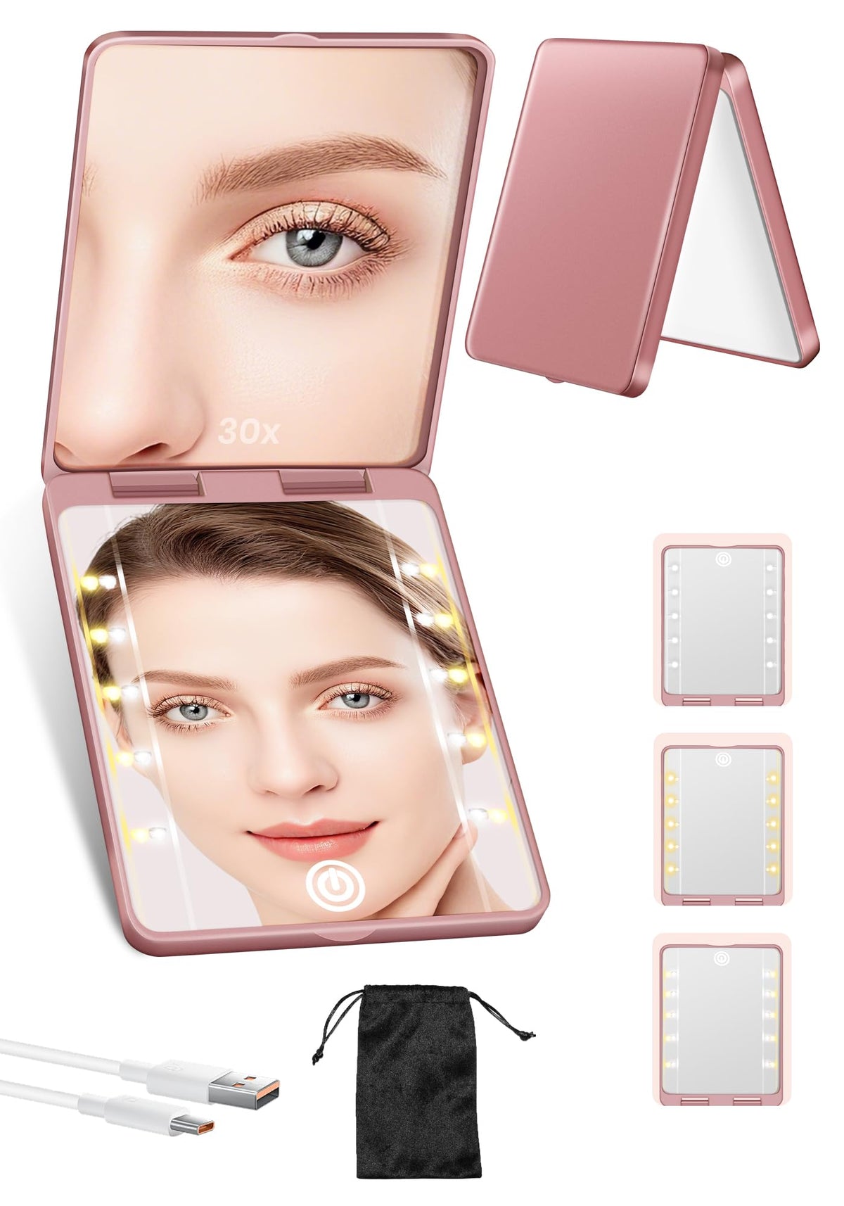 Compact Mirror, Rechargeable Magnifying Makeup Mirror with Light 30X Pink