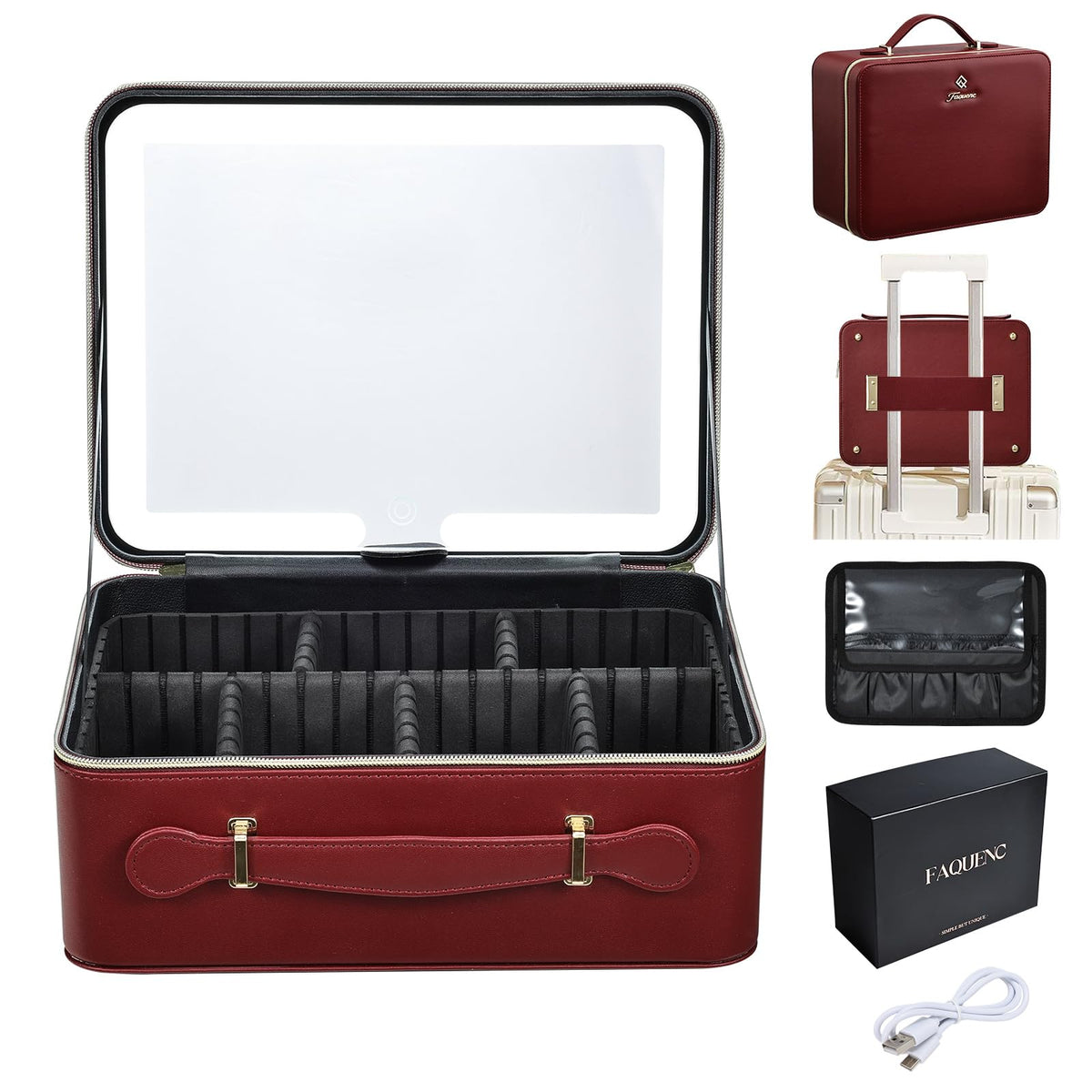 Faquenc Leather Makeup Case with LED Lighted Mirror 11.4 Inch Travel Makeup Bag Adjustable Brightness in 3 Colors Cosmetic Organizer Artist Storage Bag with Dividers Brush Holder Bag Vanity White
