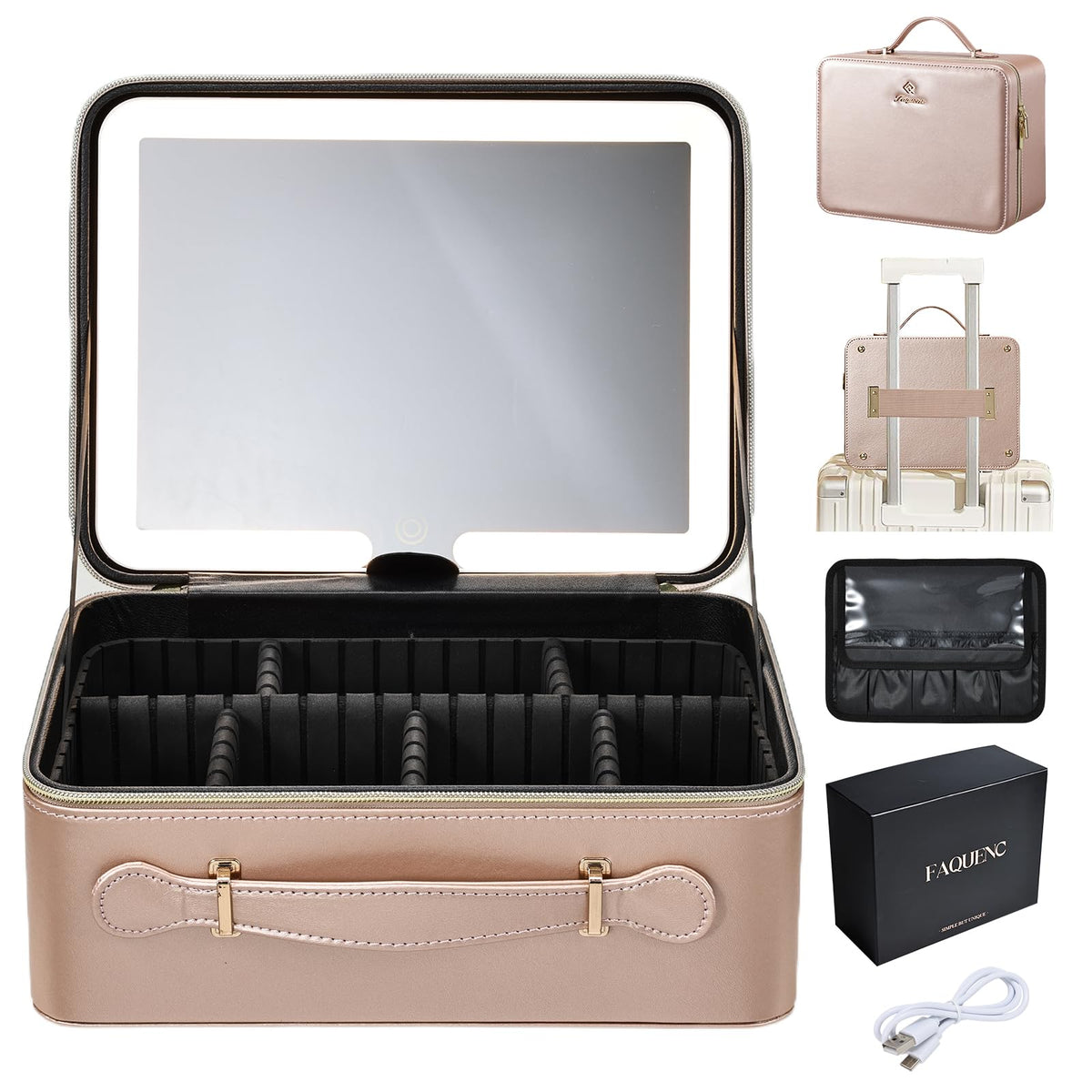 Faquenc Leather Makeup Case with LED Lighted Mirror 11.4 Inch Travel Makeup Bag Adjustable Brightness in 3 Colors Cosmetic Organizer Artist Storage Bag with Dividers Brush Holder Bag Vanity White