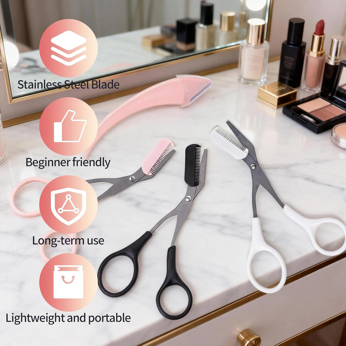 3Pack Eyebrow Scissors with Comb,Stainless Steel Eyebrow Trimmer Scissors with Eyebrow Razor for Beginner,Women & Men,Portable Grooming Hair Removal Beauty Set (Black, Pink)
