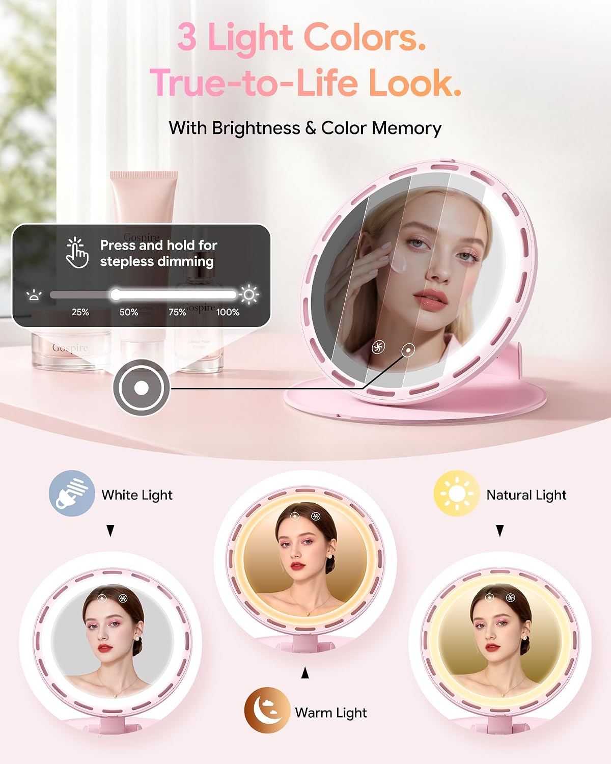 Gospire Foldable Lighted Makeup Mirror with Fan, 3-Speed & 3 Lights, Pink