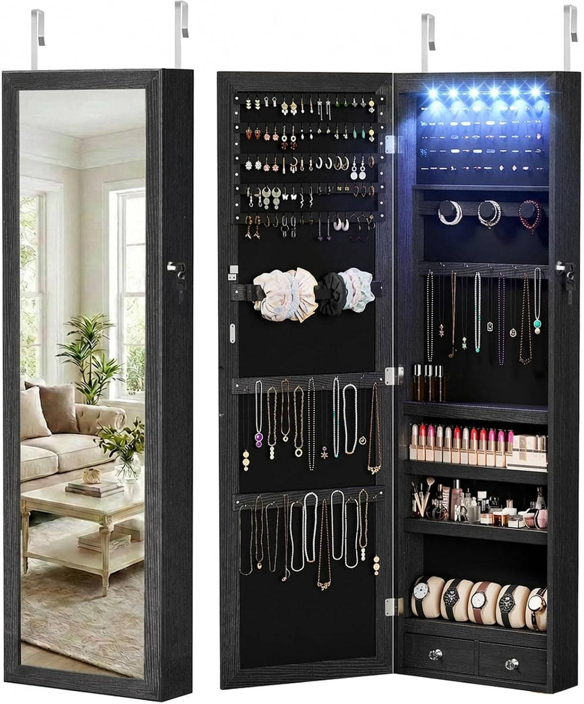 DUMOS 6 LEDs Mirror Jewelry Organizer Cabinet, Jewelry Armoire, 47.2 Inch