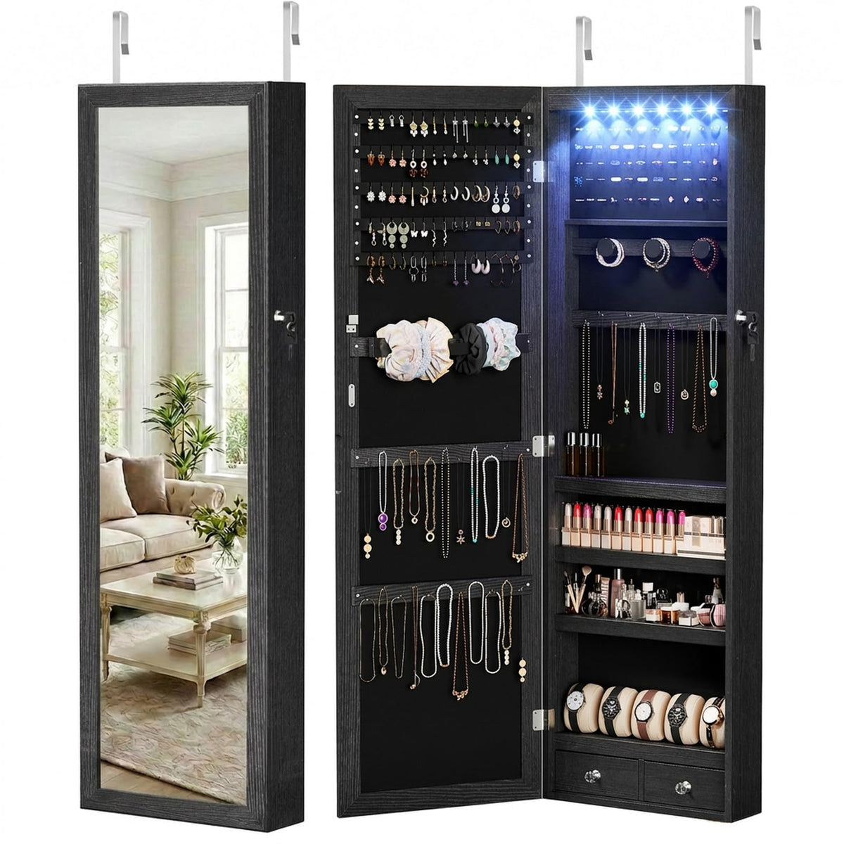 DUMOS 6 LEDs Mirror Jewelry Organizer Cabinet, Jewelry Armoire, 47.2 Inch