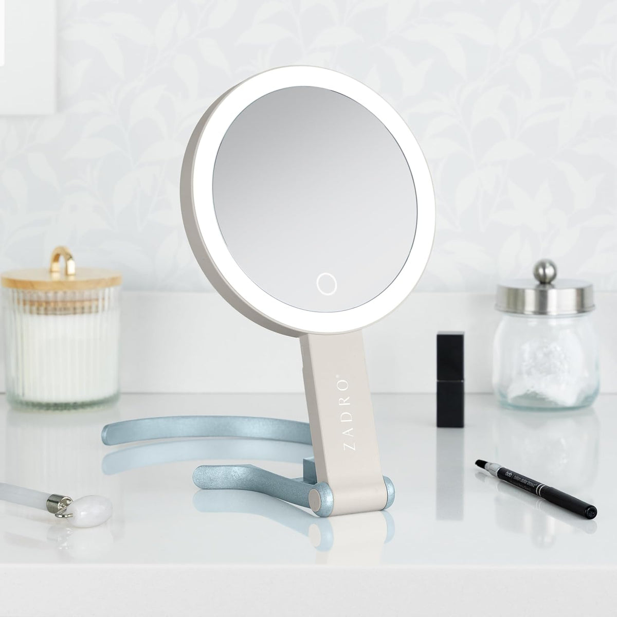 Zadro LED Lighted Makeup Mirror, 2-Sided with 1x & 10x Magnification, Rechargeable Portable Vanity Mirror with 3 Dimmable Color Settings, Handheld & Hands-Free Design, 6.25 Inch (Neutral/French Blue)