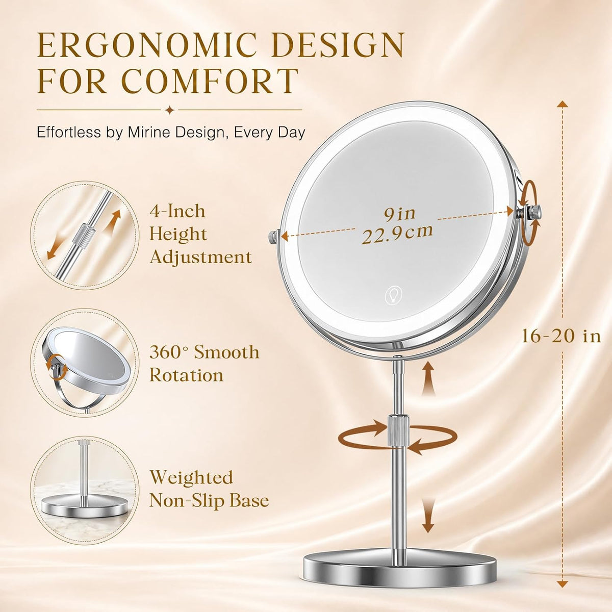Professional 9" Lighted Makeup Mirror with Magnification 1X/20X 3600 Lux
