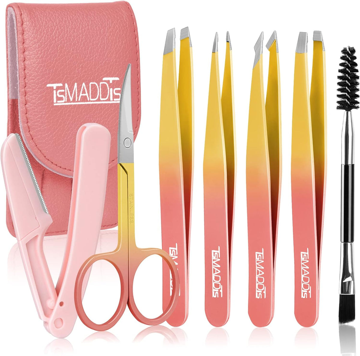 TsMADDTs 7 pcs Tweezers for Women Facial Hair, Precision Tweezer Set for Eyebrows with Curved Scissor and Eyebrow Razor for Ingrown Hair