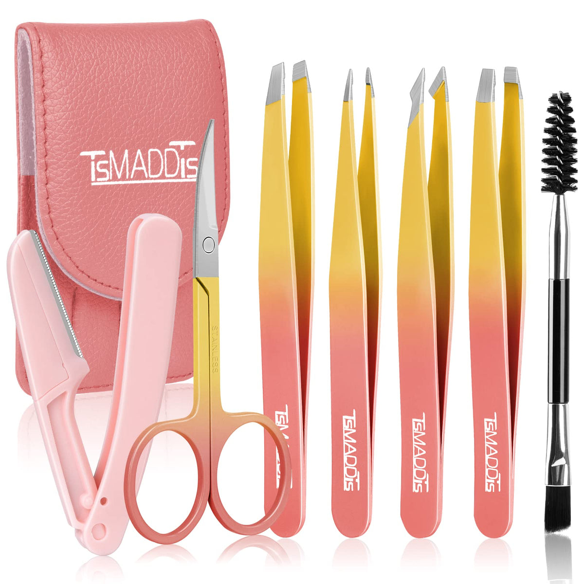 TsMADDTs 7 pcs Tweezers for Women Facial Hair, Precision Tweezer Set for Eyebrows with Curved Scissor and Eyebrow Razor for Ingrown Hair