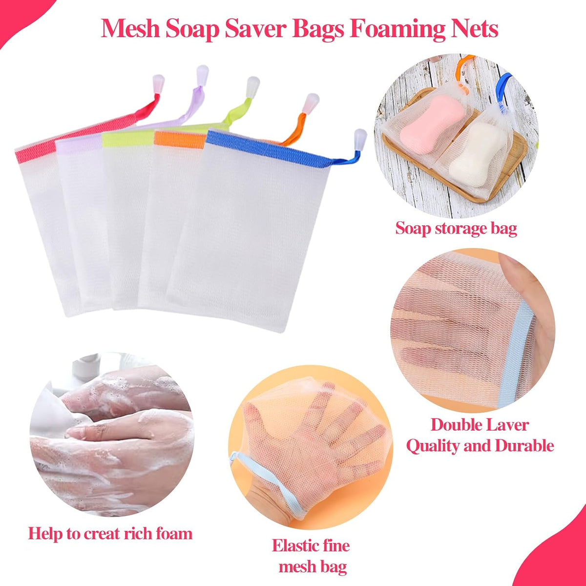 10 PCS Soap Bags Handmade Soap Bubble Mesh Bags Exfoliating Soap Saver Pouch Net Bags with Drawstring Body Facial Cleaning Tool for Bath and shower, Assorted Colors