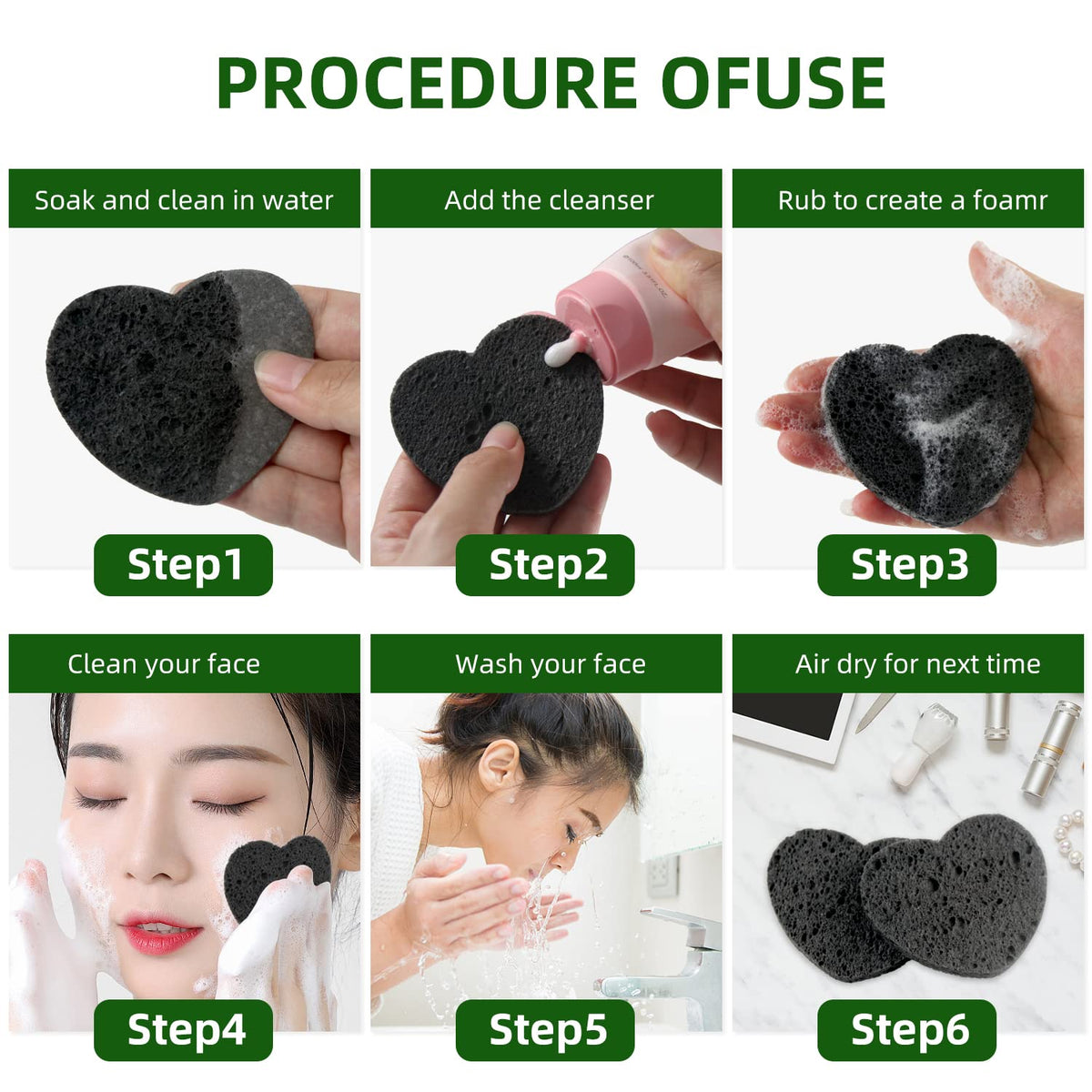 100-Count Compressed Facial Sponges for Estheticians Heart Shape Natural Cellulose Sponge Professional Cosmetic Spa Sponges for Face Cleansing, Massage, Pore Exfoliating, Mask, Makeup Removal, Black