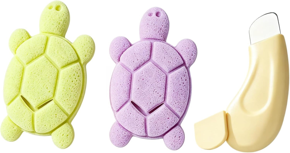 BS-MALL Turtle Pocket Facial Sponge & Blackhead Remover Tool Set | 2 Pack Large Thick Foam Cleansing Puffs with Soap Storage Pocket & Gentle Curved Scraper for Deep Pore Cleaning and Mud Mask Removal