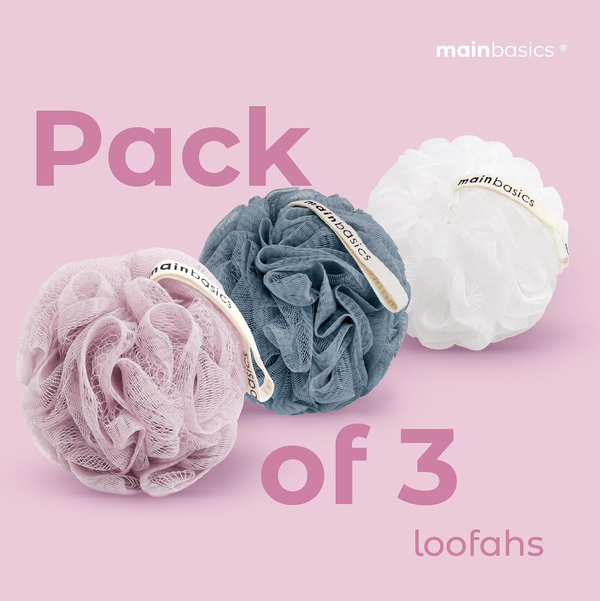 MainBasics Shower Loofah Sponge Pouf, Set of 3, Airy Blossom
