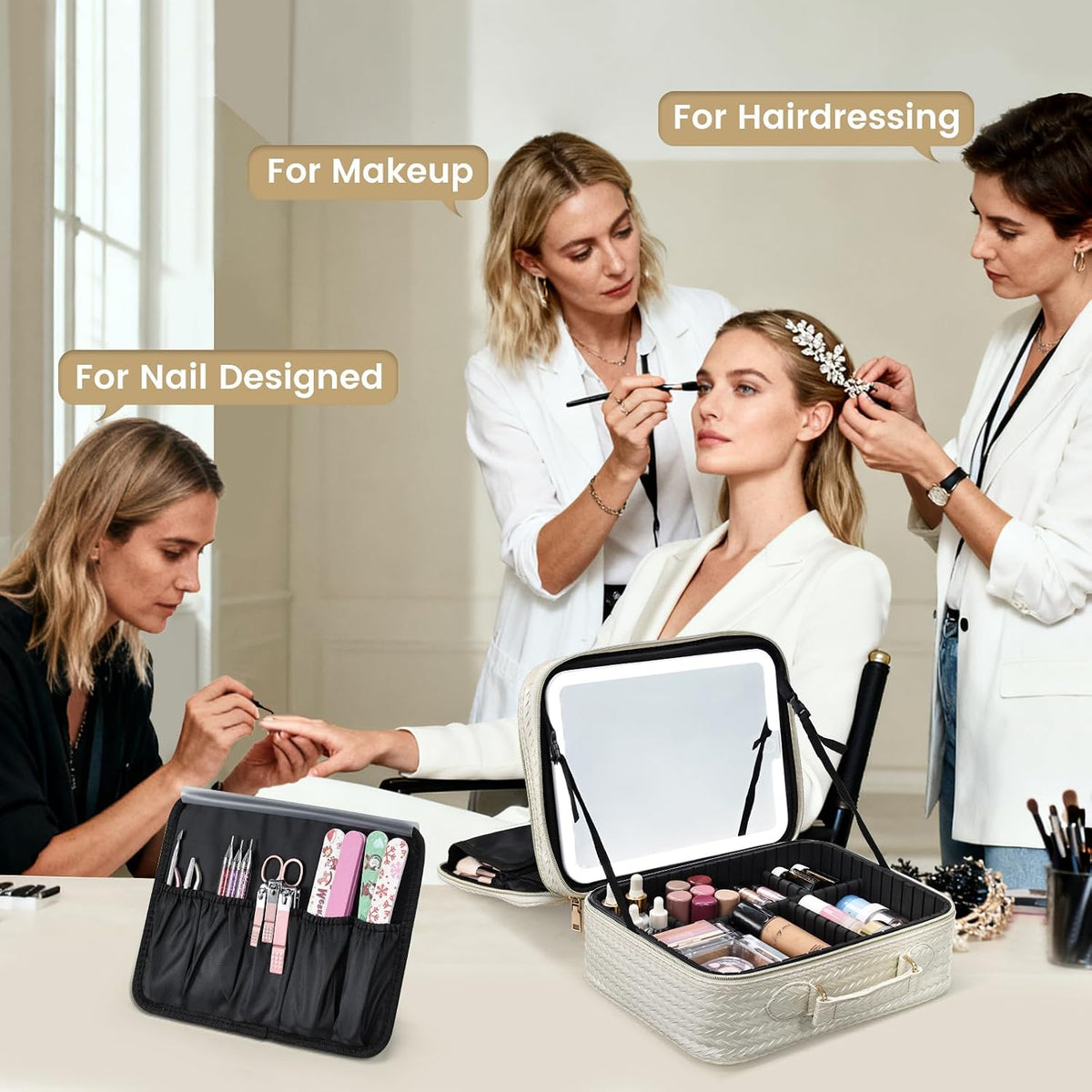 Faquenc Makeup Bag with LED Lighted Mirror 12.2 IN Cosmetic Train Case Double Layer Makeup Case Adjustable Brightness in 3 Colors Cosmetic Organizer Artist Storage with Brush Holder Vanity Beige