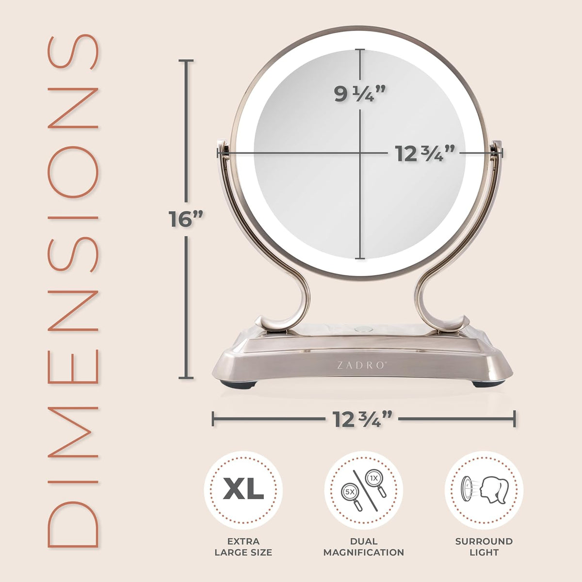 Zadro 12" Glamour LED Makeup Mirror with Lights and Magnification 5X/1X Touch Control Mirror with Lights for Makeup Desk (X-Large | 5X/1X | 12" W x 16" H | LED, Polished Nickel)