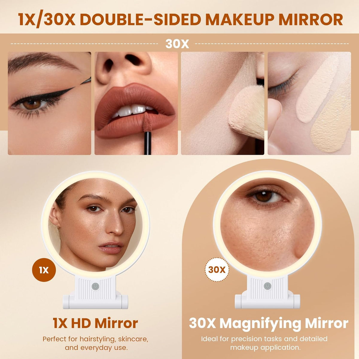 Makeup Mirror with Light, 1X/30X, 3 Colors, Rechargeable 2000mAh