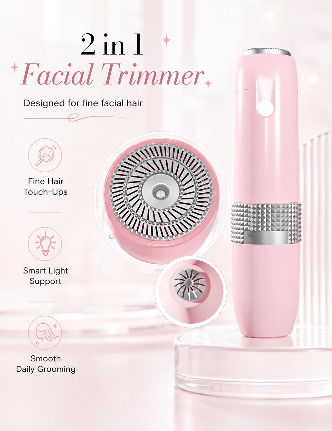Facial Hair Removal for Women,2 in1 Rechargeable Facial Hair Removal & Eyebrow Trimmer - Body Razor with Built-in LED Light,Portable for Travel(Pink)