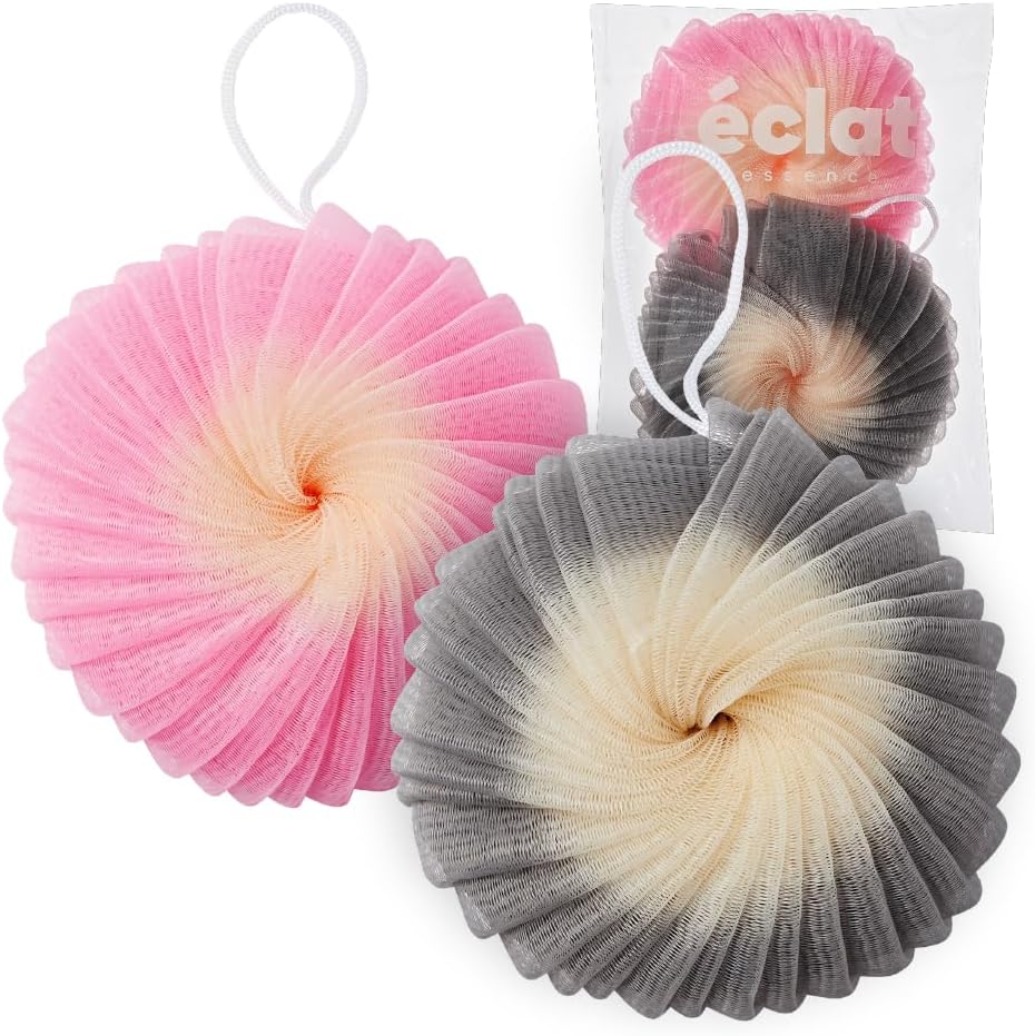 Éclat Mesh Bath Sponge Loofah Ball, Soft Exfoliating Body Scrubber for Wash, Rich-Lather Nylon Net Puff with Quick-Dry Hanging Loop, Gentle Daily Cleanser (Pink/Grey, 2Pcs)